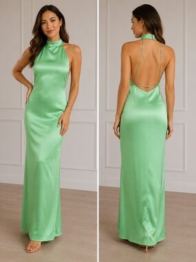 Zara Lime Green Satin Halter Backless Gown
